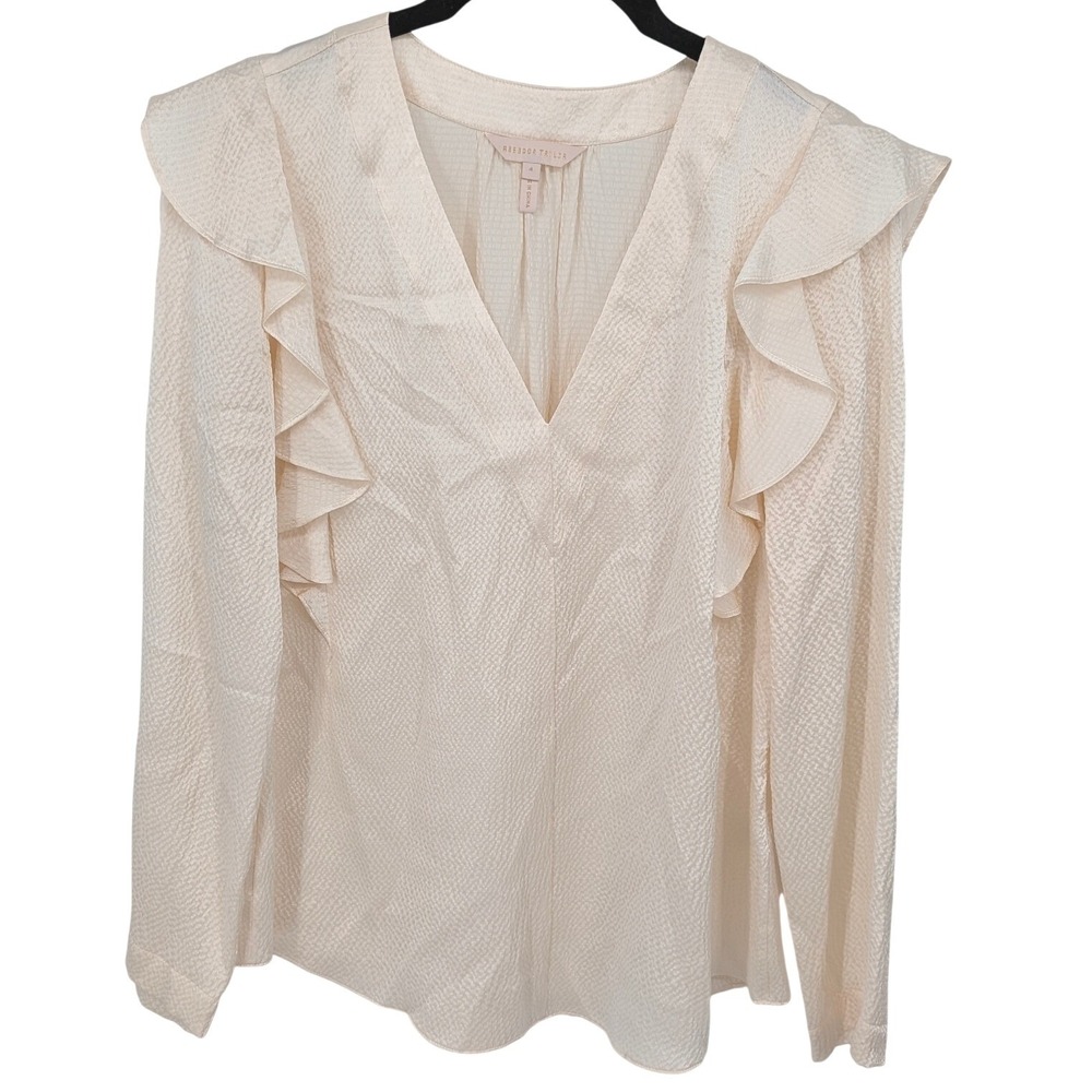 Rebecca Taylor Silk Blouse Womens 4 Cream Ruffle Textured Neutral Minimalist Top